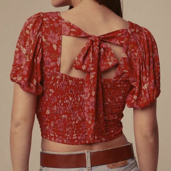 NWT Band of the Free Joelle Floral Smocked Crop Top Sz. L [12] Crimson Pink - Picture 6 of 10